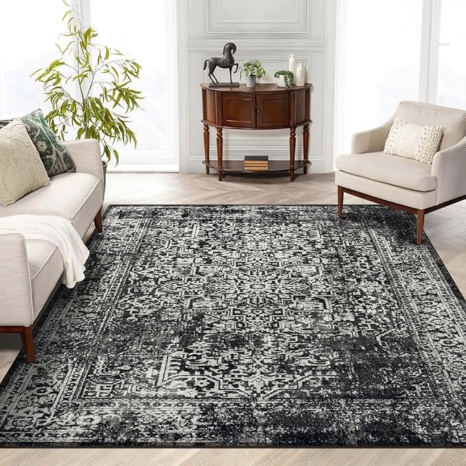 vivorug 9x12 Area Rugs, Stain Resistant Washable Rug for Living Room, Vintage-Inspired Black and White Rug