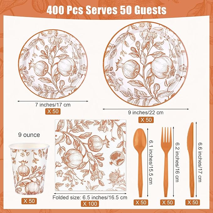 400 Pieces Fall Vintage Pomegranate Disposable Party Tableware Sets Including Orange Floral Plates Cups Napkins Cutlery Serves 50 for Thanksgiving Wedding Baby Shower Party Decorations