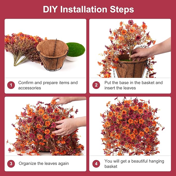 Artificial Fake Hanging Flowers Plants with Basket for Fall Outdoor Decor, Faux Silk Daisy Flowers in Planter Boxwood No Fade Fake Mums Flower for Farmhouse Home Garden Autumn Plants(Orange Brown)