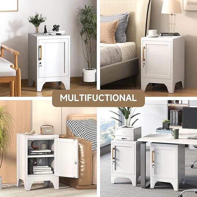 Metal NightStand Storage Cabinets with Lock and Adjustable Shelf,Metal Lockable End Table,Small Side Table,Bedside Table for Home, Office,Living Room,Garage, School(Assembly Required/White)