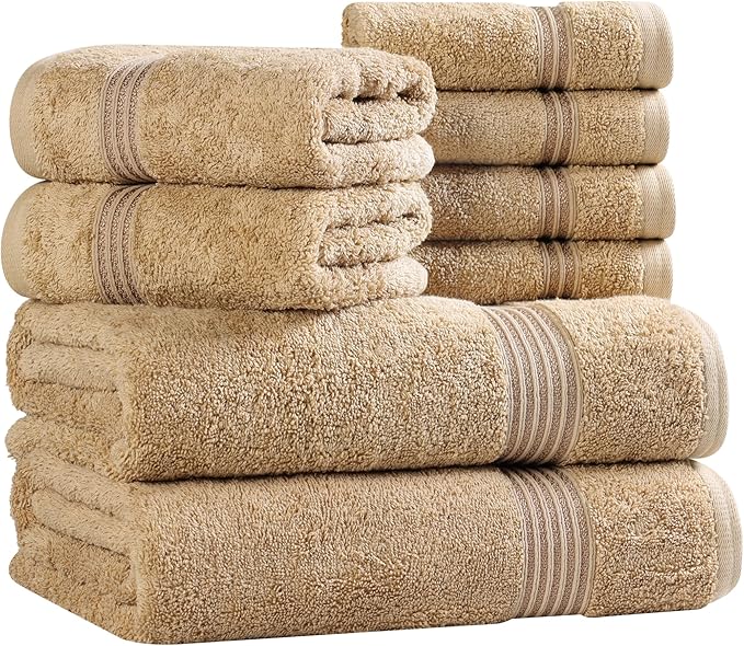 Superior Egyptian Cotton 8-Piece Towel Set, Assorted Towels for Home Bathroom, Guest Bath Decor Essentials, Includes 2 Bath, 4 Hand, 2 Face Towels/Washcloths, Quick Dry, Absorbent, Toast