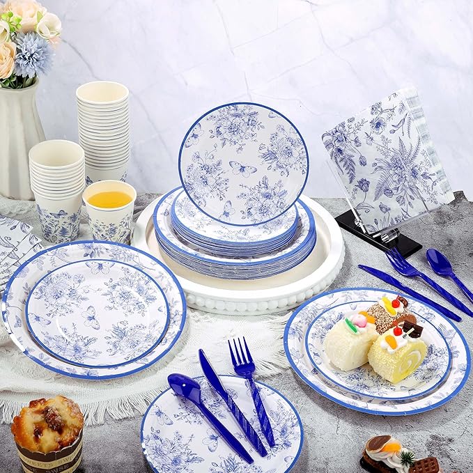 400 Pieces Blue and White Flower Disposable Party Tableware Sets Including Plates Cups Napkins Cutlery Serves 50 for Wedding Birthday Baby Shower Party Decorations