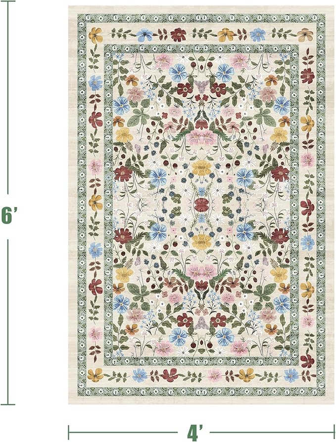 Floral Area Rugs 4x6 Washable Living Room Bedroom Carpet - Vintage Boho Thin Non-Slip Soft Low Pile Floor Mat Indoor Home Decor for Dining Room Playroom Farmhouse, Beige/Green/Multi
