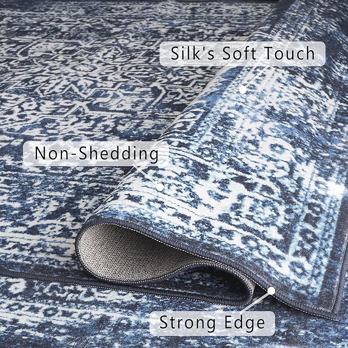 vivorug 4x6 Area Rugs, Stain Resistant Washable Rug for Living Room, Vintage-Inspired (Navy Blue, 4'x6')