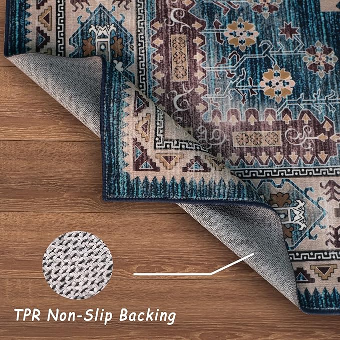 vivorug 9x12 Area Rugs for Living Room, Non Slip Machine Washable Vintage Rug, Ultra-Thin Lightweight Large Area Rug for Bedroom, Dining Room, Low Pile Blue