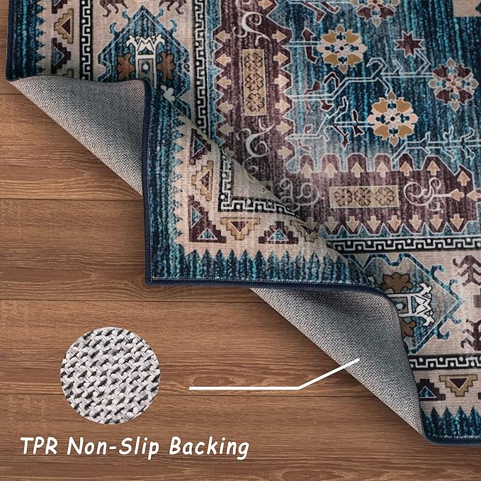 vivorug Blue 5x7 Area Rugs - Ultra-Thin Washable Rug with Non-Slip Backing, Ideal for Living Room, Bedroom, Dining Room Indoor - Vintage, Easy Clean, Durable, Low Pile Rug