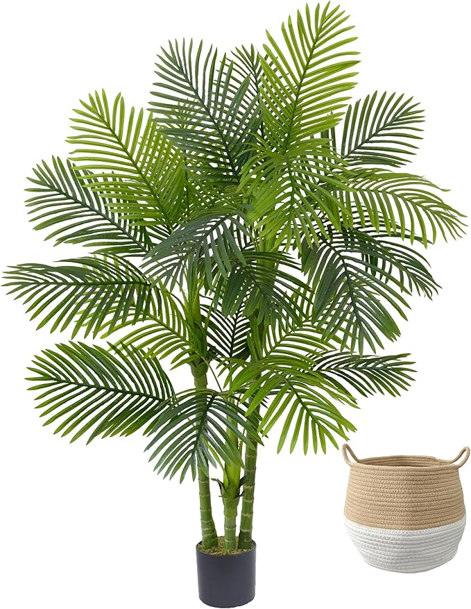Artificial Palm Tree, 6ft Golden Cane Fake Palm Plant with Basket, Large Phoenix Palm UV Resistant Faux Plants for Indoor Outdoor Home Garden Patio Office Décor