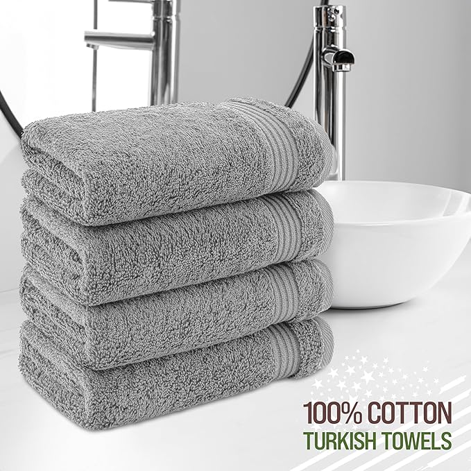American Veteran Towel, Hand Towels for Bathroom Set of 4, 100% Cotton Turkish Hand Towel Sets Clearance Prime, Soft Hand Face Towels, Light Grey Hand Towels