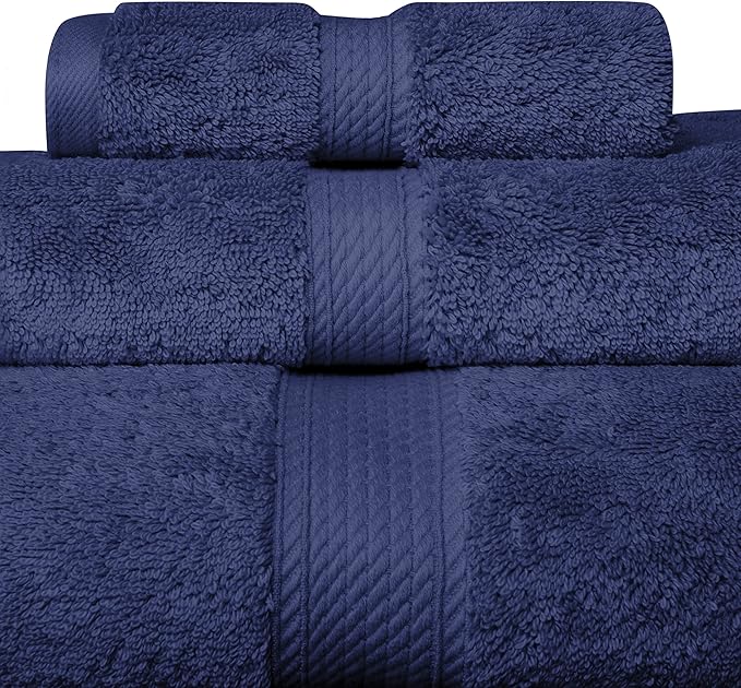 BLUENILEMILLS Premium Towel Collection, Egyptian Cotton Towels for Shower and Bathroom Assorted 3-Piece Towel Set, 30" x 55", 20" x 30", 13" x 13", Navy Blue by Blue Nile Mills