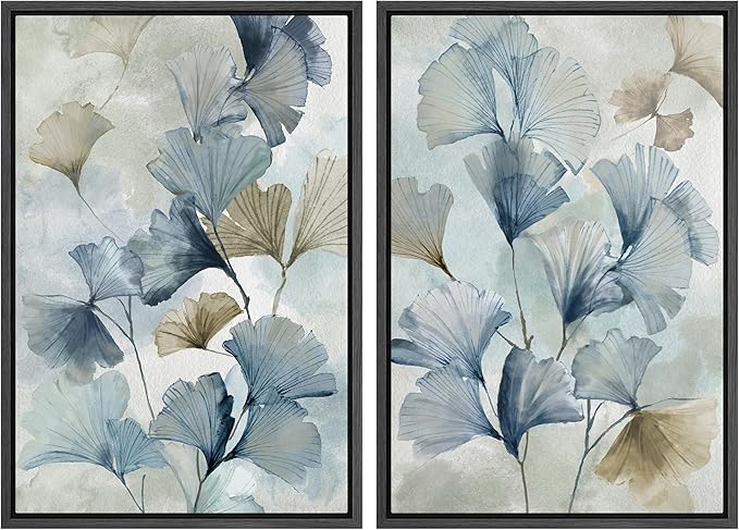 MUDECOR Framed Canvas Print Wall Art Blue Ginkgo Flower Illustrations Modern Art Decorative Bohemian Colorful Chic for Living Room, Bedroom, Office - 24"x36"x2 Black