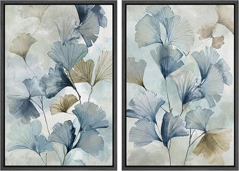 MUDECOR Framed Canvas Print Wall Art Blue Ginkgo Flower Illustrations Modern Art Decorative Bohemian Colorful Chic for Living Room, Bedroom, Office - 24"x36"x2 Black