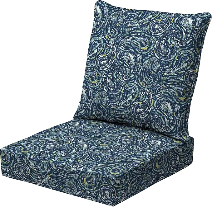 Arden earthFIBER Outdoor Deep Seat Cushion Set, 24 x 24, Rain-Proof, Fade Resistant, Deep Seat Bottom and Back Cushion for Chair, Sofa Sapphire Blue Ridge Paisley