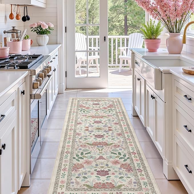 Deerly Floral Runner Rug 2x6 for Kitchen Hallway Bedroom Vintage Boho Washable Bathroom Runner Rugs Non-Slip Soft Low Pile Thin Indoor Carpet for Laundry Room Farmhouse Rug, Beige/Light Pink/Multi