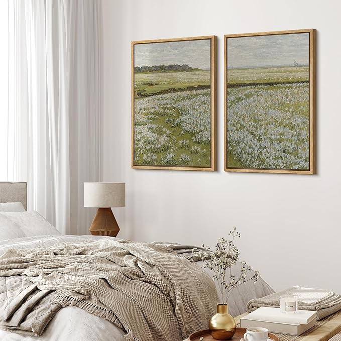 MUDECOR Framed Canvas Print Wall Art Fields of White Flowers Serene Nature for Home Decor Nature Wilderness Illustrations Realism Decorative for Living Room, Bedroom, Office - 24"x36"x2 Natural