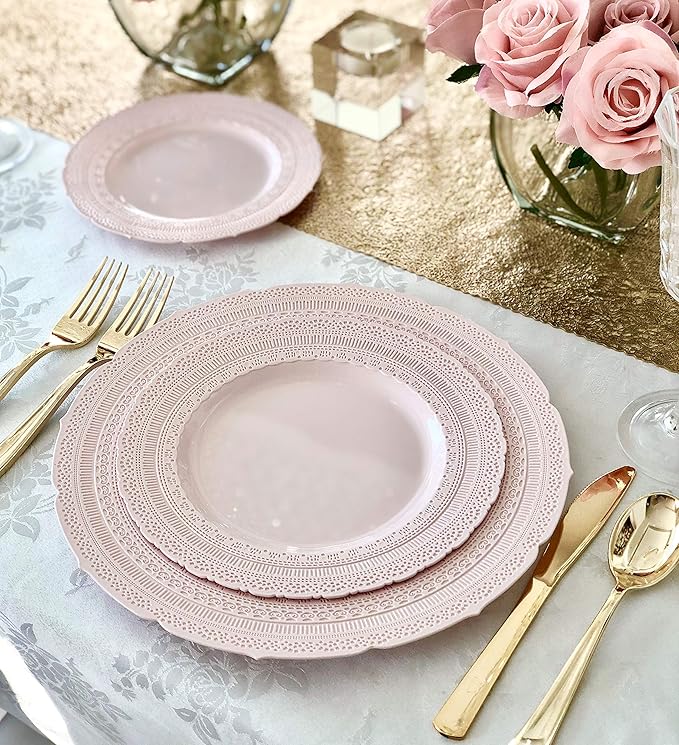 " OCCASIONS " 240 Plates Pack,(120 Guests) Extra Heavyweight Vintage Wedding Disposable/Reusable Plastic Plates 120x11'' Dinner+120 x 8.25'' Salad/Dessert Plate (Chateau Blush Pink)