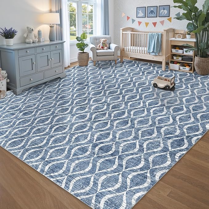 WITSHOCK 10x12 Area Rugs for Bedroom: Washable Non-Slip Large Thin Indoor Rug for Living Room Dining Room, Soft Geometric Low Pile Boho Print Carpet for Nursery Playroom Decor, Blue