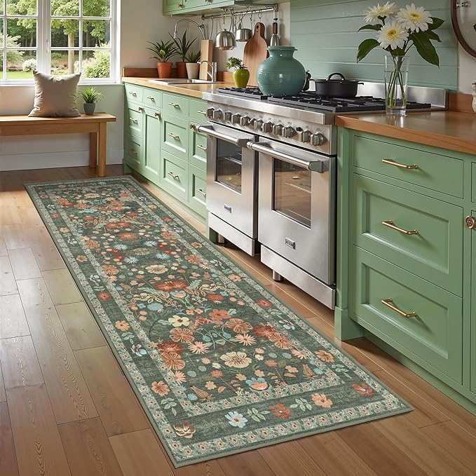 Deerly Green Floral Runner Rug 3x8 for Hallway Vintage Boho Washable Bathroom Kitchen Bedroom Runner Rugs Non-Slip Soft Low Pile Thin Indoor Carpet for Laundry Room Farmhouse Flower, Green/Multi
