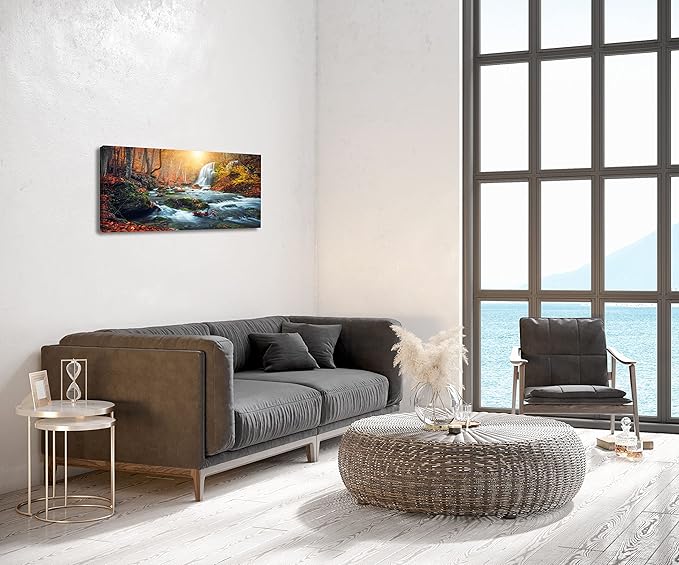 Autumn Waterfall Large Stretched Canvas Wall Art For Living Room Bedroom Home Decoration,Mordern Forest River Print Picture Painting Decor Giclee Artwork,Gallery Wrapped Gift,Inner Frame(30x60)