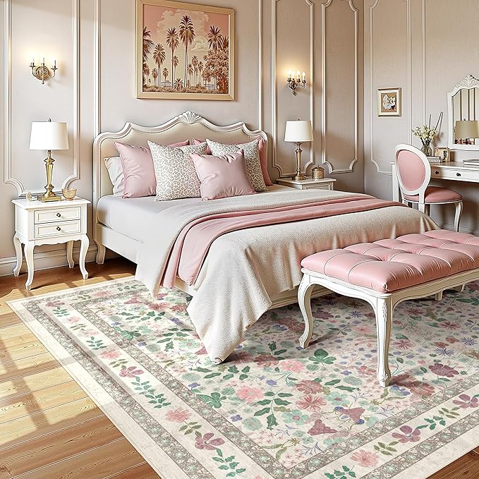 Deerly Floral Washable Rugs 8x10 Large Vintage Living Room Carpet Boho Non-Slip Soft Low Pile Thin Bedroom Floor Mat Indoor for Dining Room Playroom Nursery Farmhouse, Beige/Light Pink/Multi