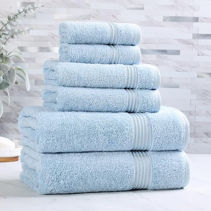 Superior Egyptian Cotton 6-Piece Towel Set, Bathroom Essentials, Towels For Bathroom, Apartment, Airbnb, Guest Bath, Face, Hand, Bath Towels, Washcloths, Absorbent, Fast Drying, Light Blue