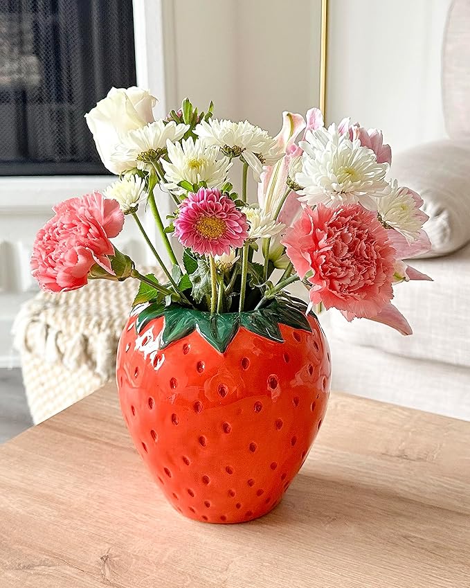 ban.do Vintage Inspired Strawberry Vase, Decorative Ceramic Vase, Large Flower Vase, Unique Strawberry Decor for Home/Kitchen/Office