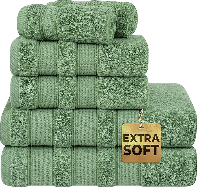 American Soft Linen Salem Turkish Bath Towel Set, 100% Cotton 600 GSM 6 Piece Towels for Bathroom, 2 Bath Towels 2 Hand Towels 2 Washcloths, Sage Green