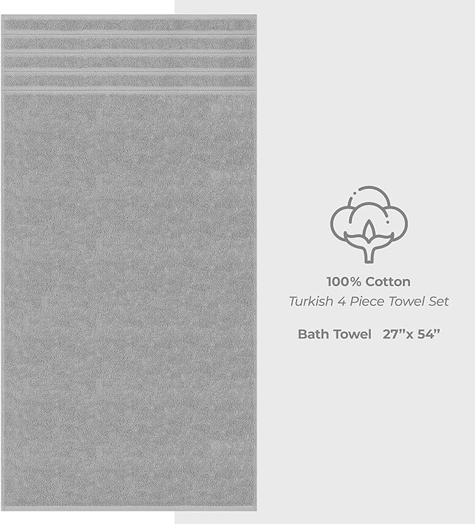 American Soft Linen Luxury 4 Piece Bath Towel Set, 600 GSM 100% Cotton Turkish Bath Towels for Bathroom, 27x54 in Large Bathroom Shower Towels, Light Grey