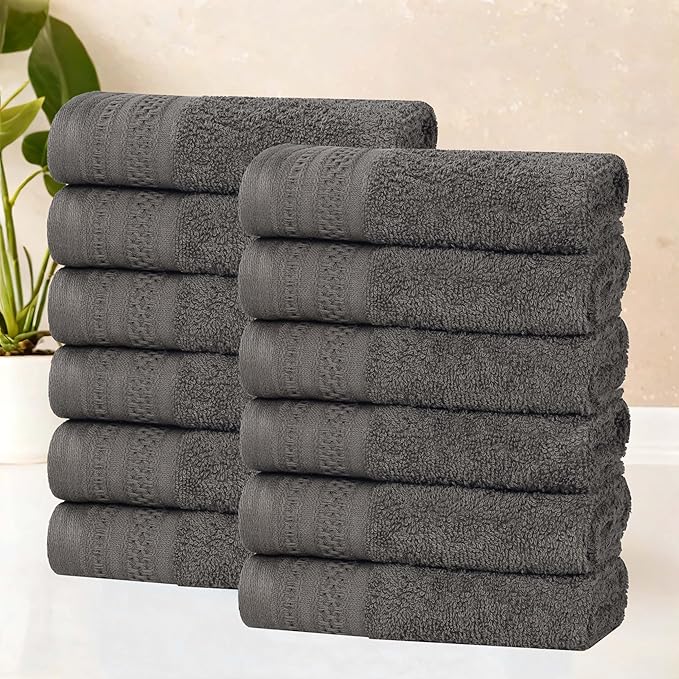Superior Honeycomb Cotton Medium Weight Towels, for Guest Bath, Master Bathroom, Shower, Adults, Home Essentials, Textured Waffle Border, Assorted Towel Set, 12 Piece Face Towel Set, Gunmetal