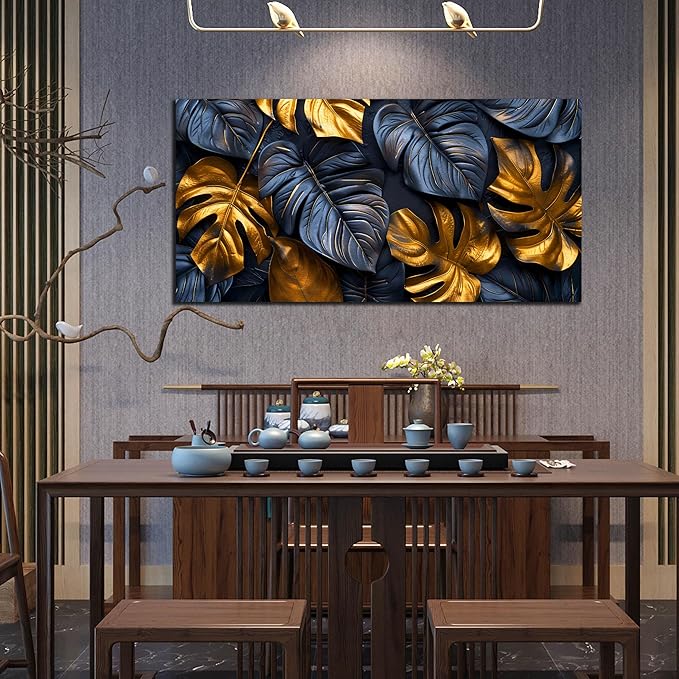 Leaves Pictures for Living Room Wall Decoration - Black and Gold Canvas Wall Art Bedroom - Modern Wall Art for Dining Room Size 29" x 59"