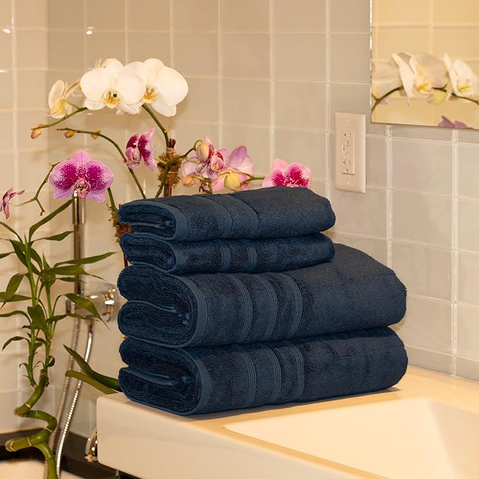Mosobam Luxury Turkish 4pc Towel Set 30X58 16X30 Navy Blue 700 GSM Bamboo Viscose & Aegean Turkish Combed Cotton