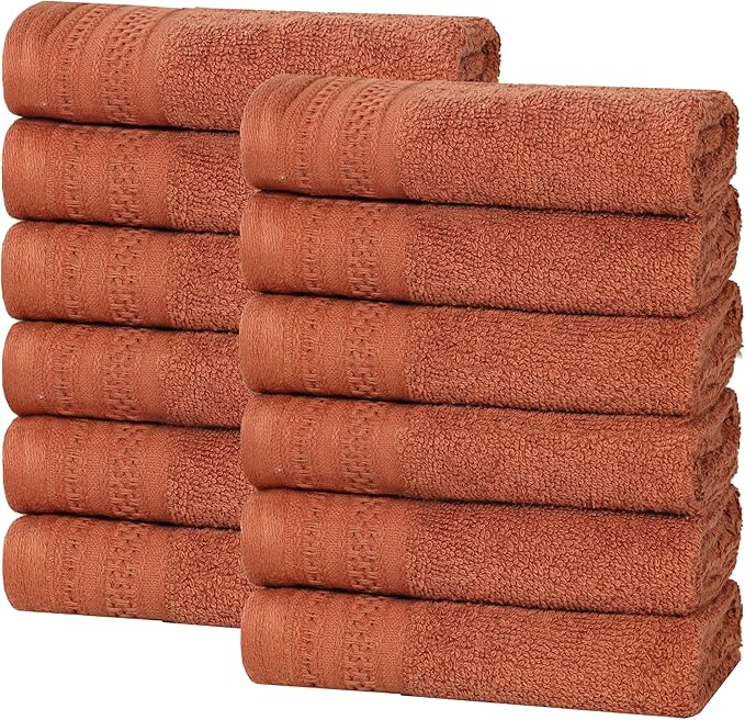 Superior Honeycomb Cotton Medium Weight Towels, for Guest Bath, Master Bathroom, Shower, Quick Dry, Adults, Home Essentials, Textured Waffle Border, Assorted Towel Set, 12 Piece Face Towel Set, Rust