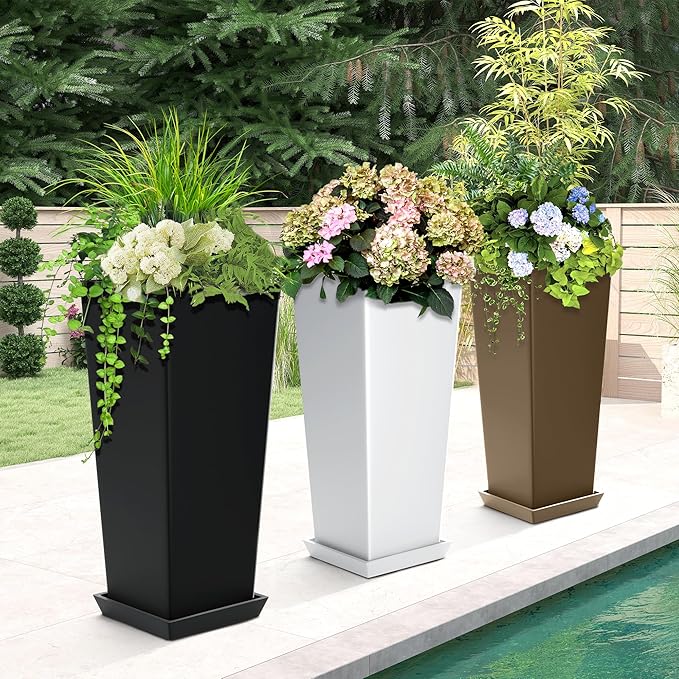 24-Inch Tall Planters Set of 2 for Outdoor and Indoor Use, Tapered Flower Pots with Drainage Tray, Front Porch and Patio Decor, Ideal for Large Plants – White