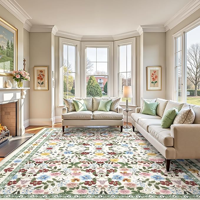 Deerly Large Floral Washable Area Rugs 9x12 for Living Room Vintage Boho Non-Slip Bedroom Carpet Soft Low Pile Thin Floor Mat Indoor for Dining Room Playroom Nursery Farmhouse, Beige/Green/Multi