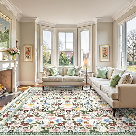 Deerly Large Floral Washable Area Rugs 9x12 for Living Room Vintage Boho Non-Slip Bedroom Carpet Soft Low Pile Thin Floor Mat Indoor for Dining Room Playroom Nursery Farmhouse, Beige/Green/Multi