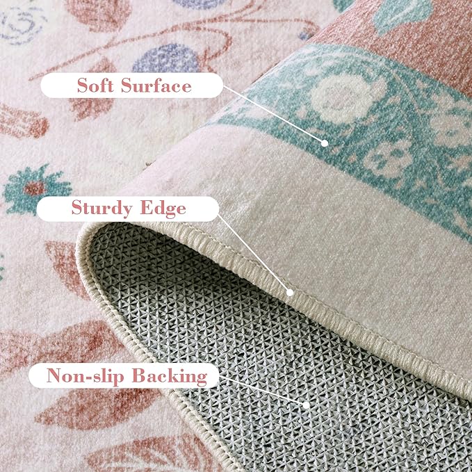 Pink Floral Area Rug 6x9 for Living Room Deerly Boho Vintage Large Washable Non-Slip Bedroom Carpet Low Pile Thin Floor Mat Indoor for Playroom Nursery Kids Girls Room Farmhouse, Light Pink/Blue/Multi