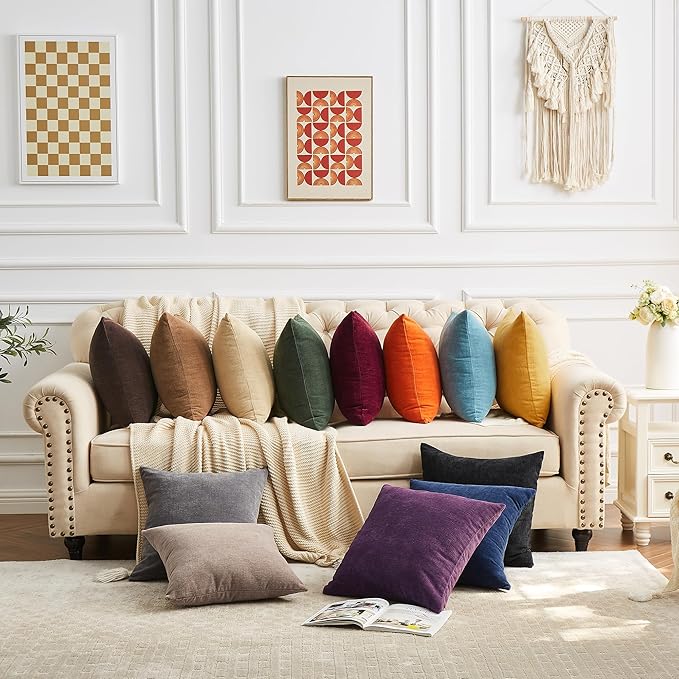 GAWAMAY Decorative Chenille Throw Pillow Covers 26x26 Inch Pack of 2, Soft Square Couch Pillow Cover for Sofa Cushion Living Room Bedroom Solid Dyed Oversized Pillowcases Coffee 66x66cm (ONLY Covers)