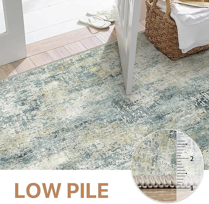 GENIMO Washable Area Rugs for Living Room Bedroom, 8x10 Modern Abstract Non Slip Rug, Low Pile Soft Contemporary Indoor Floor Carpet Cover for Dining Room Kitchen, Teal