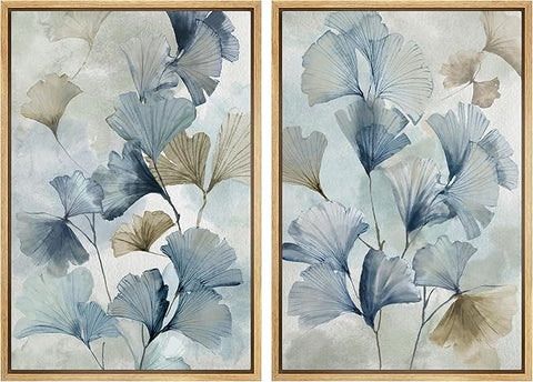 MUDECOR Framed Canvas Print Wall Art Blue Ginkgo Flower Illustrations Modern Art Decorative Bohemian Colorful Chic for Living Room, Bedroom, Office - 16"x24"x2 Natural