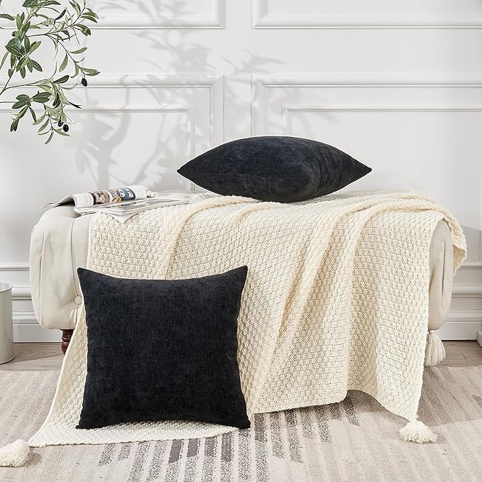 GAWAMAY Decorative Square Throw Pillow Covers 22"x22" Inch Set of 2, Super Soft Chenille Pillows Farmhouse Fall Pillowcase for Living Room Bedroom Sofa Couch Cushion Cover Black 55x55cm (No Insert)