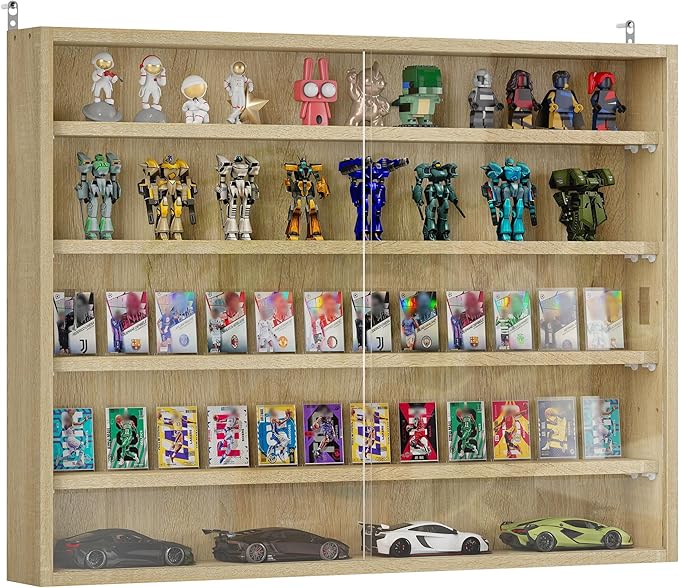 HOMCOM 5-Tier Display Cabinet, Glass Door Cabinet with Adjustable Shelves, Wall-Mounted Display Case for Playroom, Bedroom, Oak