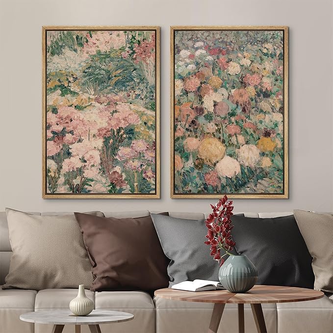 MUDECOR Framed Canvas Print Wall Art Impressionist Floral Garden Vintage Botanical Illustrations Modern Art Decorative Bohemian Colorful Chic for Living Room, Bedroom, Office - 24"x36"x2 Natural
