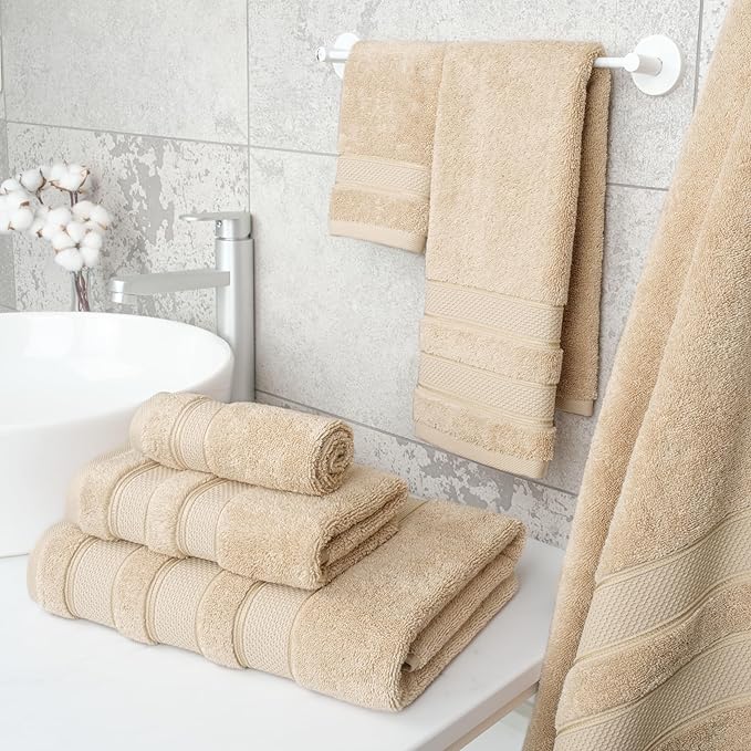 American Soft Linen Salem Turkish Bath Towel Set, 100% Cotton 600 GSM 6 Piece Towels for Bathroom, 2 Bath Towels 2 Hand Towels 2 Washcloths, Beige
