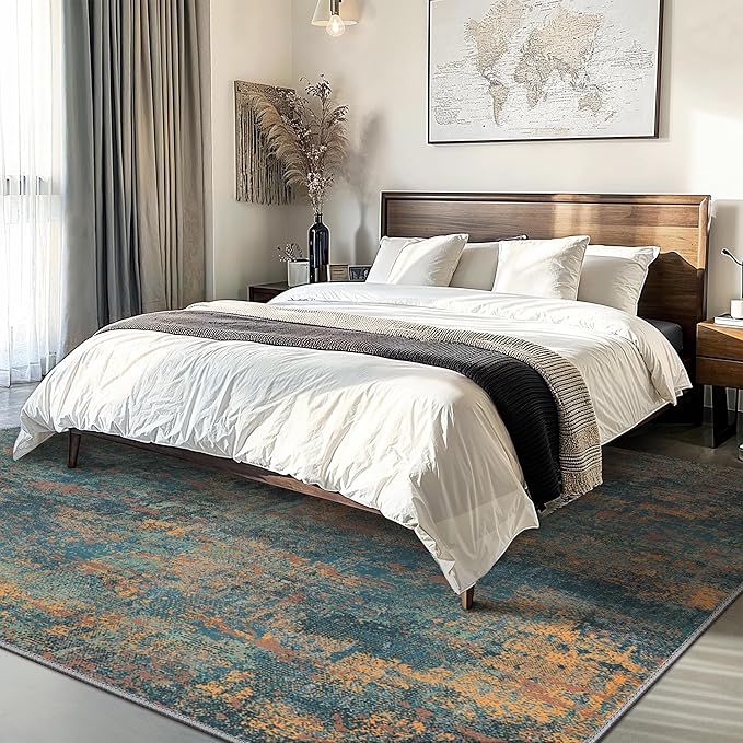 GENIMO Washable Area Rugs for Living Room Bedroom, 8x10 Modern Abstract Non Slip Rug, Low Pile Soft Contemporary Indoor Floor Carpet Cover for Dining Room Kitchen, Dark Blue