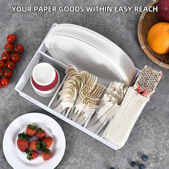 Paper Plate Organizer, Metal Silverware Caddy with 6 Compartments for Knives, Spoons, Cups, Forks, Napkins, Utensil Holder for Party, Camping, Picnic, White