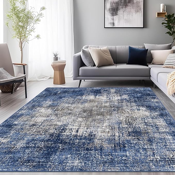 GENIMO Washable Area Rugs for Living Room Bedroom, 9x12 Modern Abstract Non Slip Rug, Low Pile Soft Contemporary Indoor Floor Carpet Cover for Dining Room Kitchen, Blue&Gray