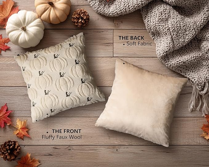 4TH Emotion Fall Pumpkin Decorative Pillow Covers 20x20 Set of 2, Beige Soft Plush Faux Fur Wool Farmhouse Throw Cushion Cases for Autumn Thanksgiving Holiday Home Decorations