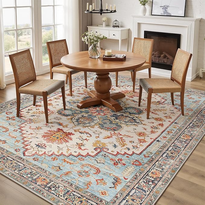 GENIMO 8X10 Area Rugs for Living Room, Machine Washable Vintage Floor Cover Foldable Modern Non Slip Rug, Low Pile Soft Indoor Carpet Floral Print Mat Rug,Bedroom/Dining Room/Home Office,Sky Blue
