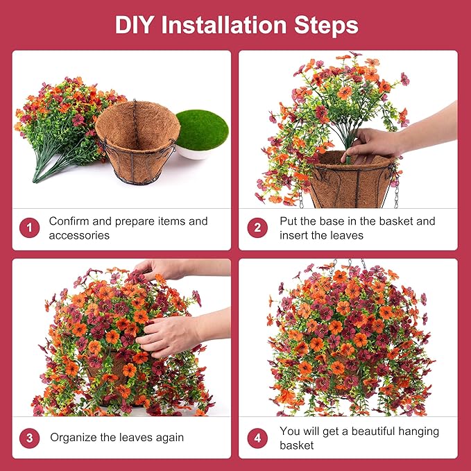 Artificial Fake Fall Hanging Flowers Plants with Basket for Outdoor Decor, Fake Mums Autumn Plants No Fade Plastic Faux Silk Daisy Flowers Fall Decoration for Outside Garden Porch Patio(Yellow Brown)