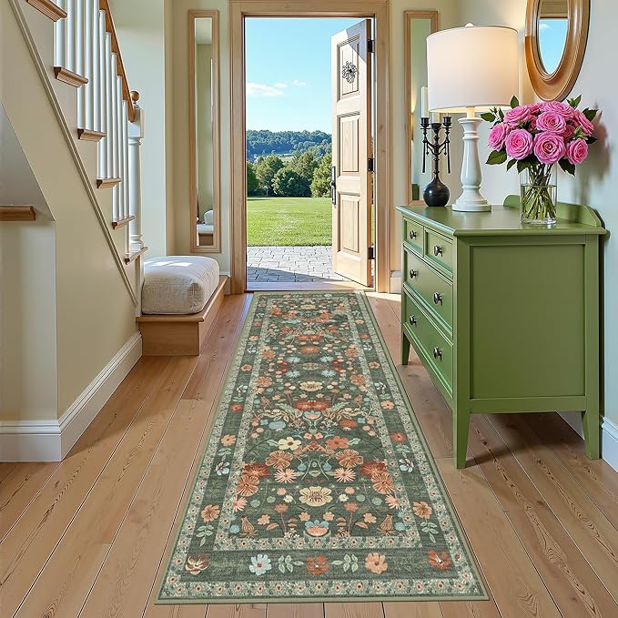 Deerly Green Floral Runner Rug 3x8 for Hallway Vintage Boho Washable Bathroom Kitchen Bedroom Runner Rugs Non-Slip Soft Low Pile Thin Indoor Carpet for Laundry Room Farmhouse Flower, Green/Multi