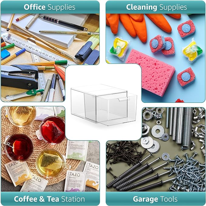 Sorbus Square Clear Stackable Storage Drawers – 4-Pack Plastic Organizer Bins with Handles – Stackable Pull-Out Storage Drawers for Closet, Pantry, Office, Bathroom, Craft, and Toy Organization